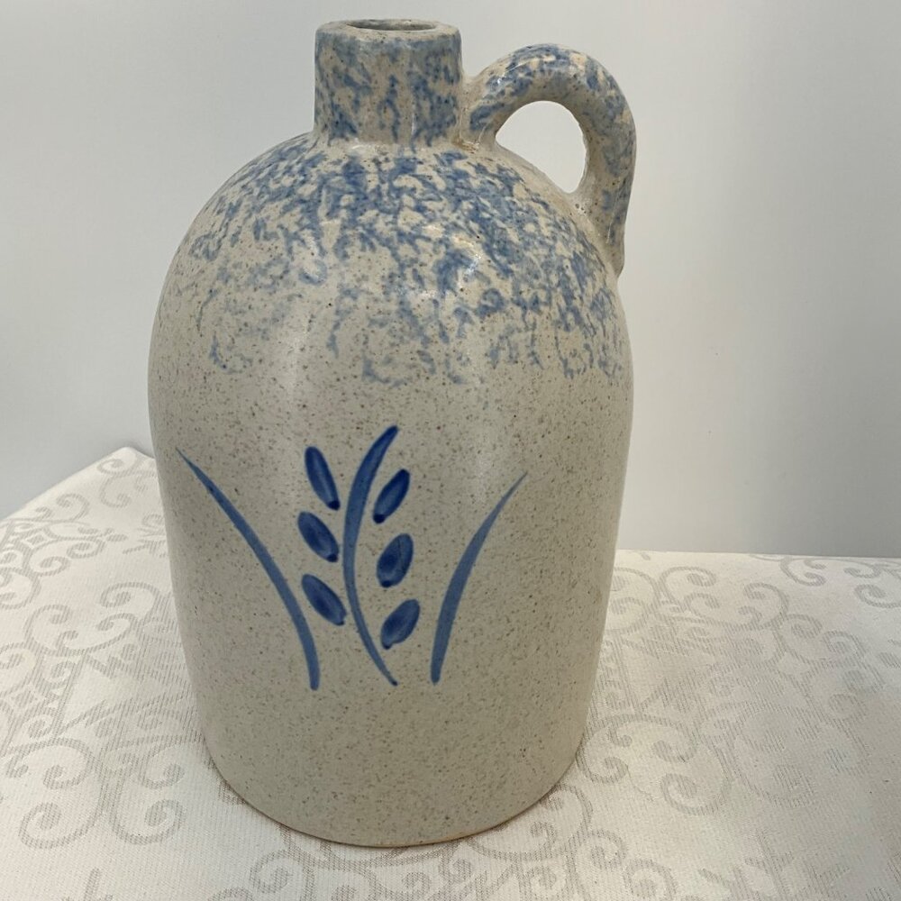 Vintage RRP Pottery Stoneware‎ Jug Blue Leaf Design 8.75" Tall